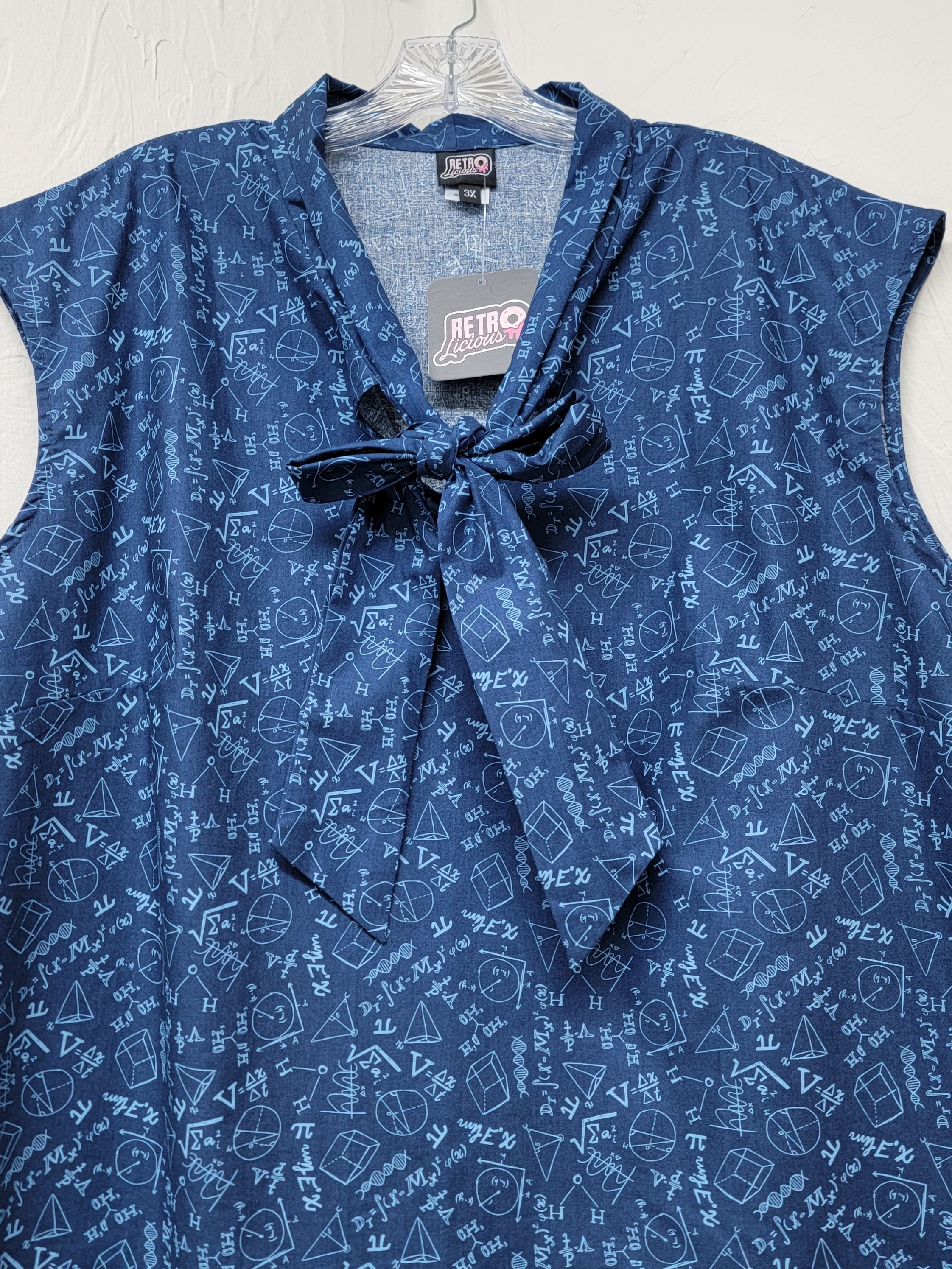 Retrolicious Modcloth Blue Math Geek Nerd School Neck Tie Sleeveless Blouse 3x — image 3 of 7